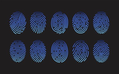Collection of fingerprints of different types isolated on black background. Bundle of traces of friction ridges of human fingers. Criminal evidence, identification of person. Vector illustration.