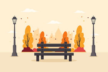 Autumn City Park with Wooden Bench, Colorful Trees and City Buildings in the  Background. Flat Design Style.