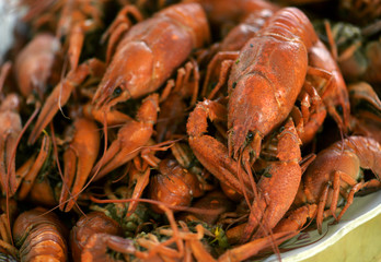 Boiled crayfish close-up, delicious food, diet food.