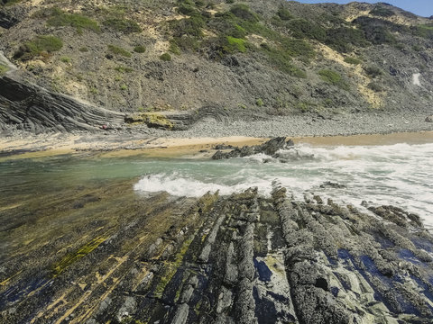 Rock formations at Amoreira Beach in Aljezur