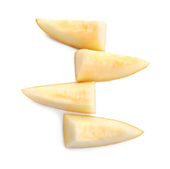 Slices of ripe melon on white background