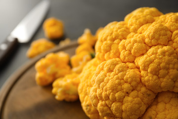 Yellow cauliflower cabbage on board, closeup