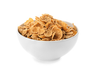 Bowl with healthy cornflakes on white background