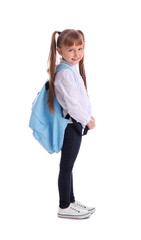 Cute little schoolgirl on white background