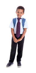 Cute African-American schoolboy on white background