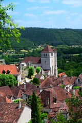 View of the medieval village of St-Cirq-Lapopie on the Lot River in France