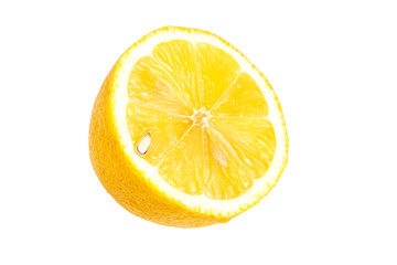 Half of yellow fresh lemon with seed, isolated on white background. Tropical citrus fruit. Tasty and healthy food