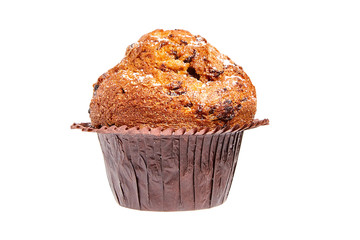 muffin with chips of chocolate and powdered sugar, isolated on white background