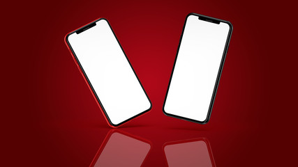 Red and black smartphones with blank screen, isolated on red background. Template, mockup.