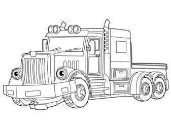 cartoon scene with vector tow truck on white background - with coloring page - illustration for children