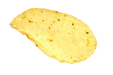 rippled potato chips with condiment, isolated on white background