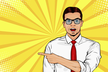Man with shocked facial expression. Surprised male showing by finger. Vector illustration in pop art in retro comic style  © Brazhyk