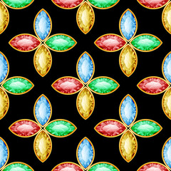 Seamless pattern with gemstones on black background. Vector Illustration