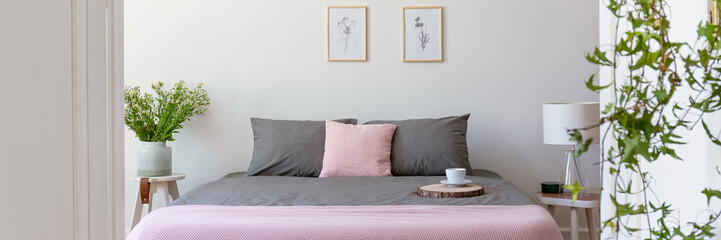Grey and pastel pink bedding on double bed with coffee cup in real photo of bright bedroom interior with fresh plants and simple posters