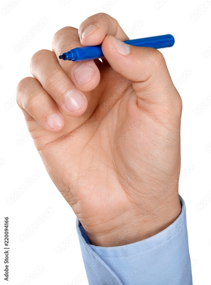 Poster Businessman writing, drawing on the screen isolated on white