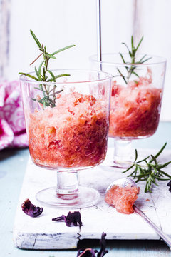 Rhubarb-hibiscus granita with rosemary