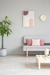 Poster and clock above settee with pink pillows in grey flat interior with plant and table. Real...