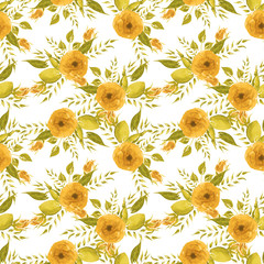 Watercolor seamless pattern. Vintage yellow roses.