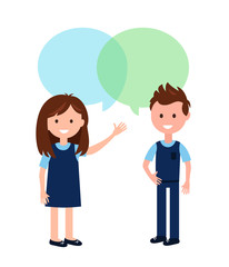 Boy and Girl Wearing School Uniform and Speech Bubbles Vector Illustration