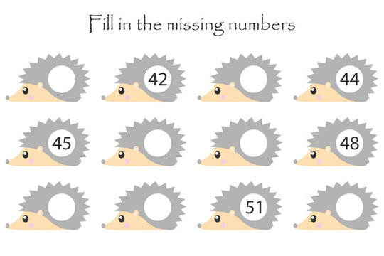 Game with hedgehogs for children, fill in the missing numbers, middle level, education game for kids, school worksheet activity, task for the development of logical thinking, vector illustration