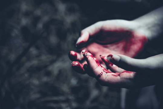 Close up of bloody hands in dark forest background. Horror and ghost concept. Criminal and murder concept. Halloween day and sacrifice theme. People and religion theme. Open the palm of the hands.
