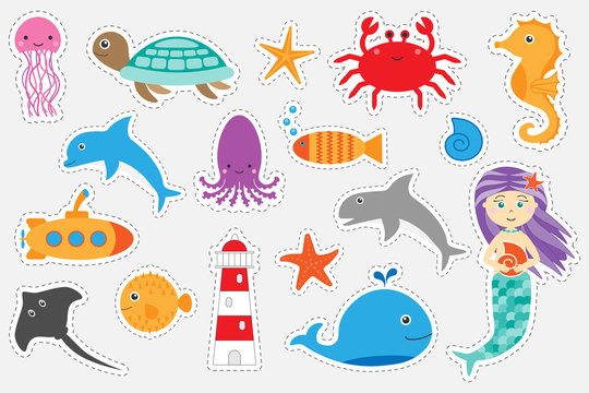 Different colorful pictures of ocean animals for children, fun education game for kids, preschool activity, set of stickers, vector illustration