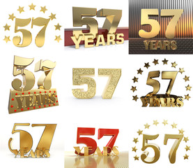 Set of golden digit from ten to ninety, decorated with a circle of stars. 3D illustration