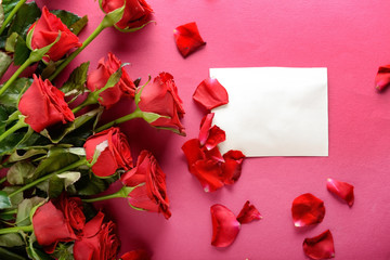 Beautiful red roses and card on color background