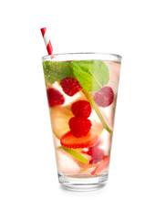 Glass of fresh raspberry cocktail on white background