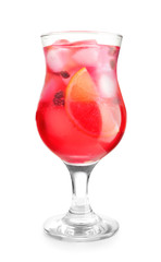 Glass of fresh cocktail on white background