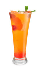 Glass of fresh orange cocktail on white background