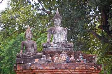Ancient statues and buildings in sukhothai historical park, Thailand