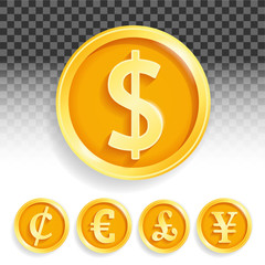 Set of gold coins currencies euro pound dollar cent Yuan