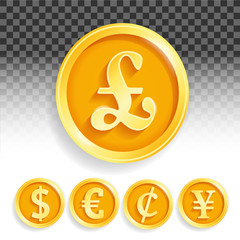 Set of gold coins currencies euro pound dollar cent Yuan