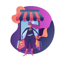 Beautiful young women in fashionable clothes on purchases. Colorful flat style vector illustration on white background.
