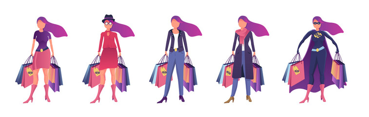 Beautiful young women in fashionable clothes on purchases. Colorful flat style vector illustration on white background.