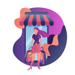 Beautiful young women in fashionable clothes on purchases. Colorful flat style vector illustration on white background.