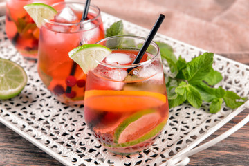 Fresh summer cocktail in glasses on tray