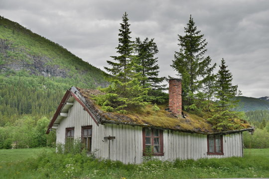 H&uuml;tte mit bewachsenen Dach in Norwegen