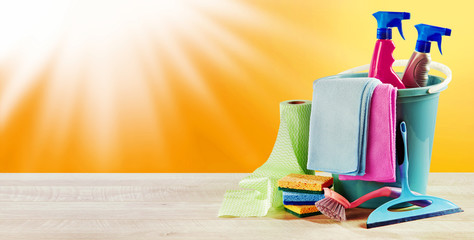 Summer sun with domestic cleaning supplies - obrazy, fototapety, plakaty