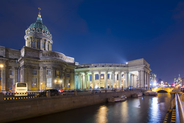 Kazan cathedral on Griboedov canal at night, Saint Petersburg, Russia