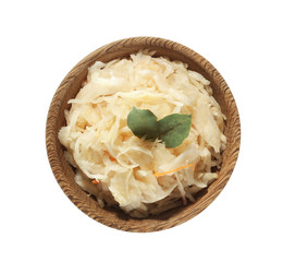 Bowl with delicious sauerkraut on white background