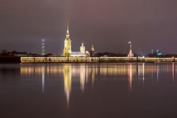 Fototapeta na wymiar Peter and Paul Fortress at night during New Year and Christmas holidays, Saint Petersburg, Russia