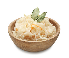 Bowl with delicious sauerkraut on white background