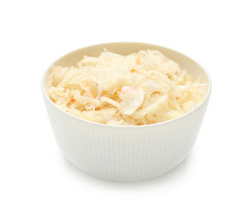 Bowl with delicious sauerkraut on white background
