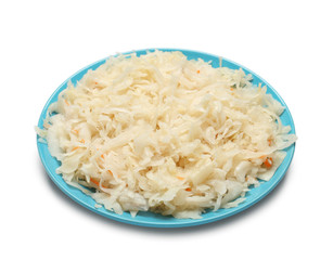 Plate with delicious sauerkraut on white background