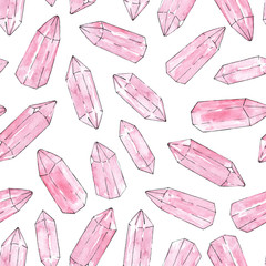 Hand painted watercolor and ink pink crystals seamless pattern on the white background. Rose quartz minerals and gemstones illustration. - 220099336