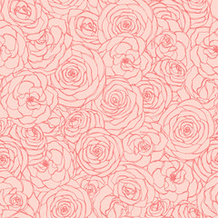 Vector seamless pattern with rose flowers outline on the pink background. Hand drawn floral repeat ornament of blossoms in sketch style. Usable for wrapping paper, covers, textile, etc.