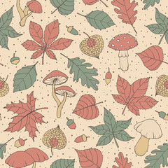 Vector autumn seamless pattern with oak, poplar, beech, maple and horse chestnut leaves, mushrooms, acorns and physalis on the beige dotted background. Usable for wrapping paper, covers, textile, etc. - 220099350