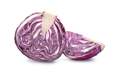 Cut ripe red cabbage on white background